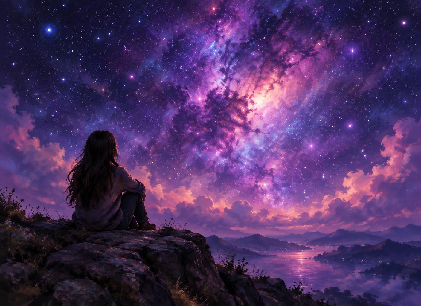 A woman sitting on a cliff looking at the stars